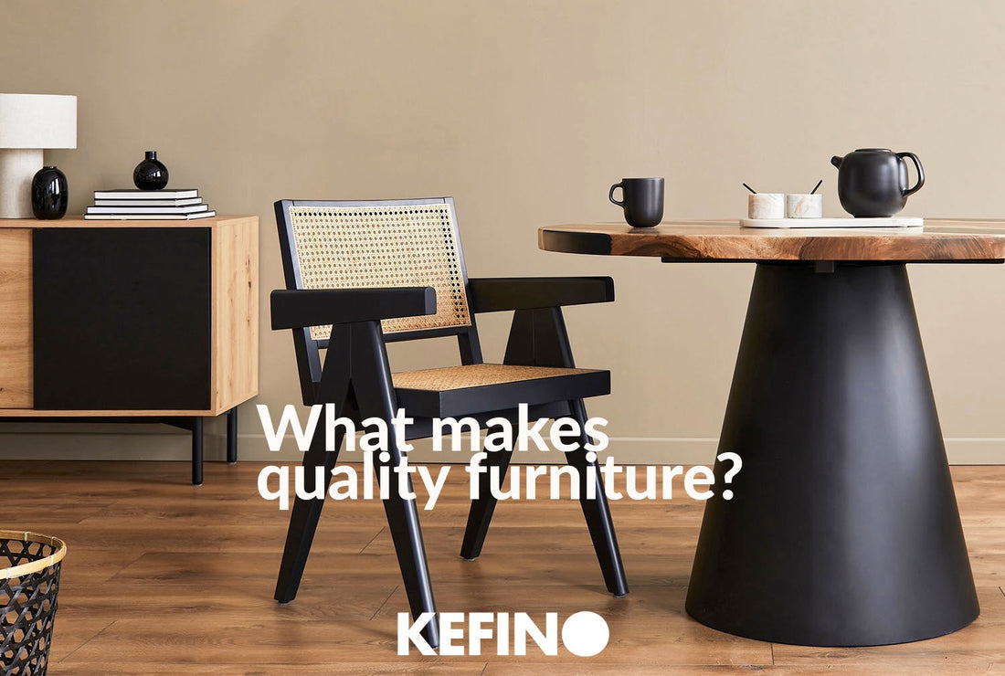 What makes quality furniture question placed over dark wooden dining chair next to dark dining table setting