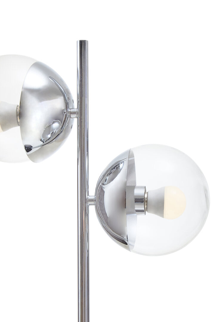 Modern table lamp with chrome finish and glass shades on a white background
