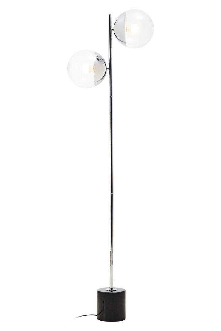 Modern floor lamp with two glass globe lights on a white background