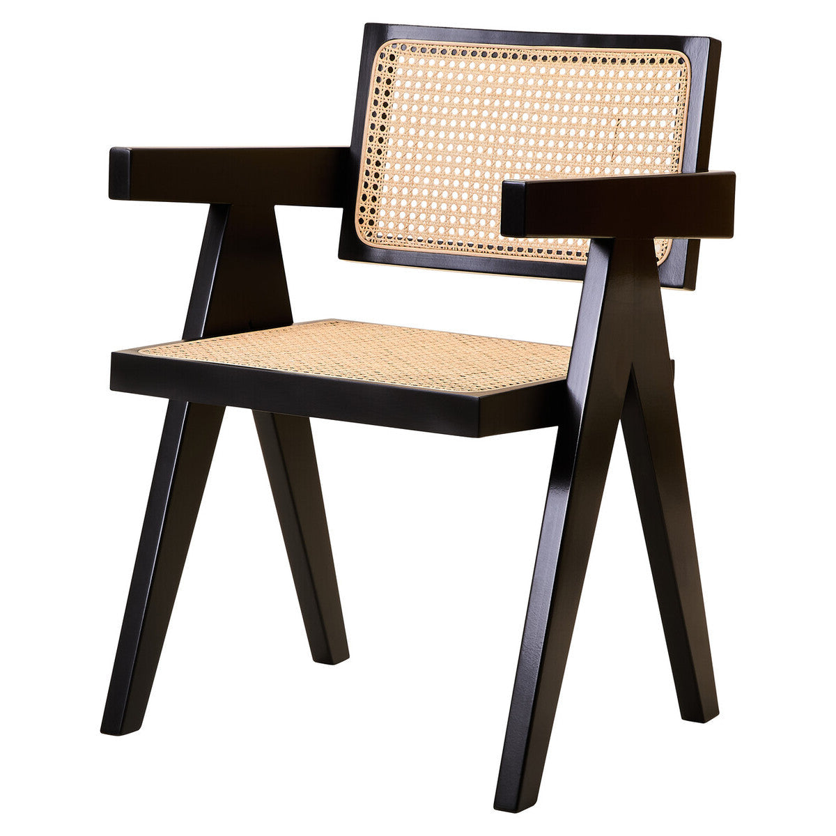 Chair with black frame and woven seat and backrest on a white background