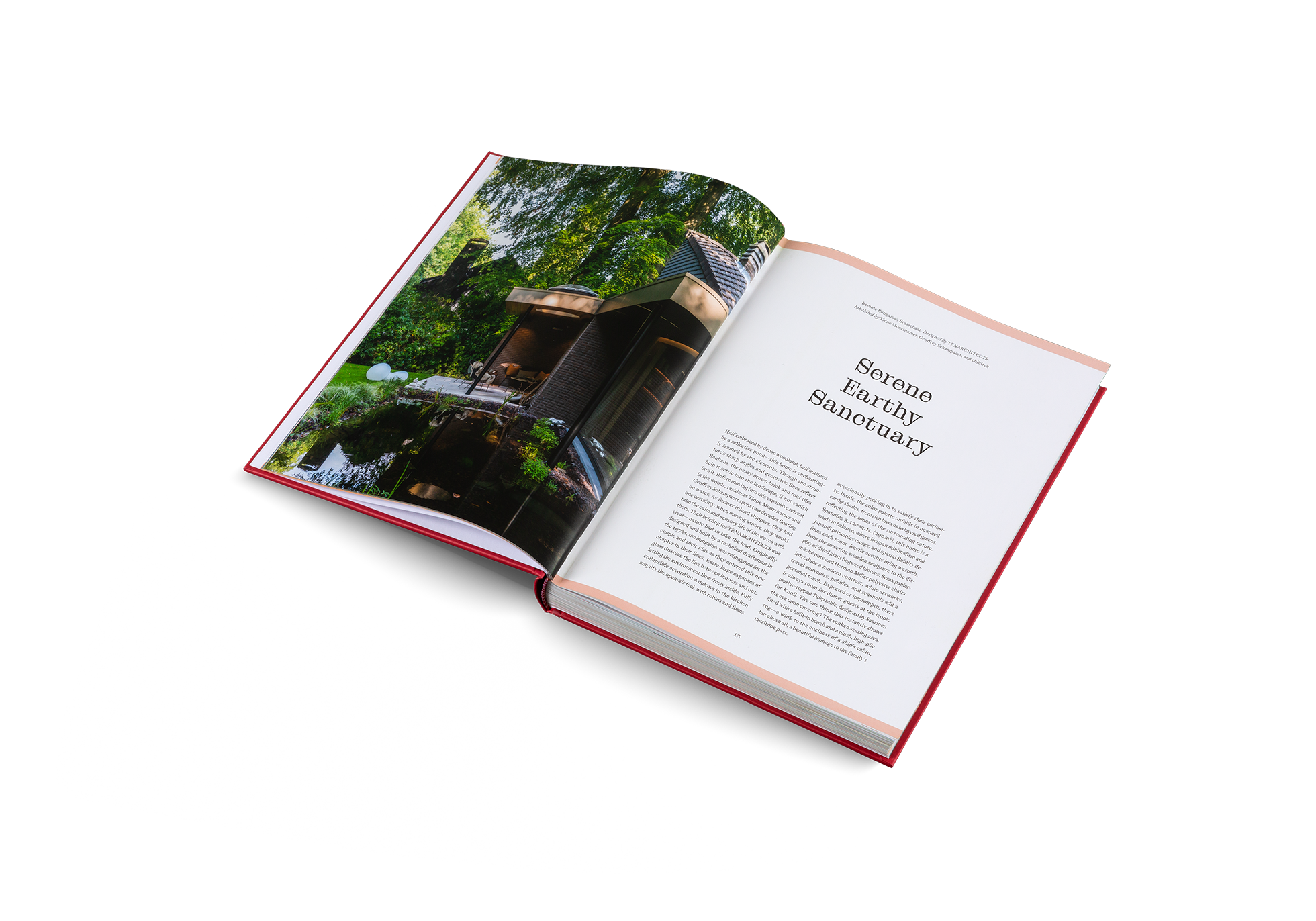 "Open book with a photograph of a temple surrounded by trees on the left page and text on the right page."