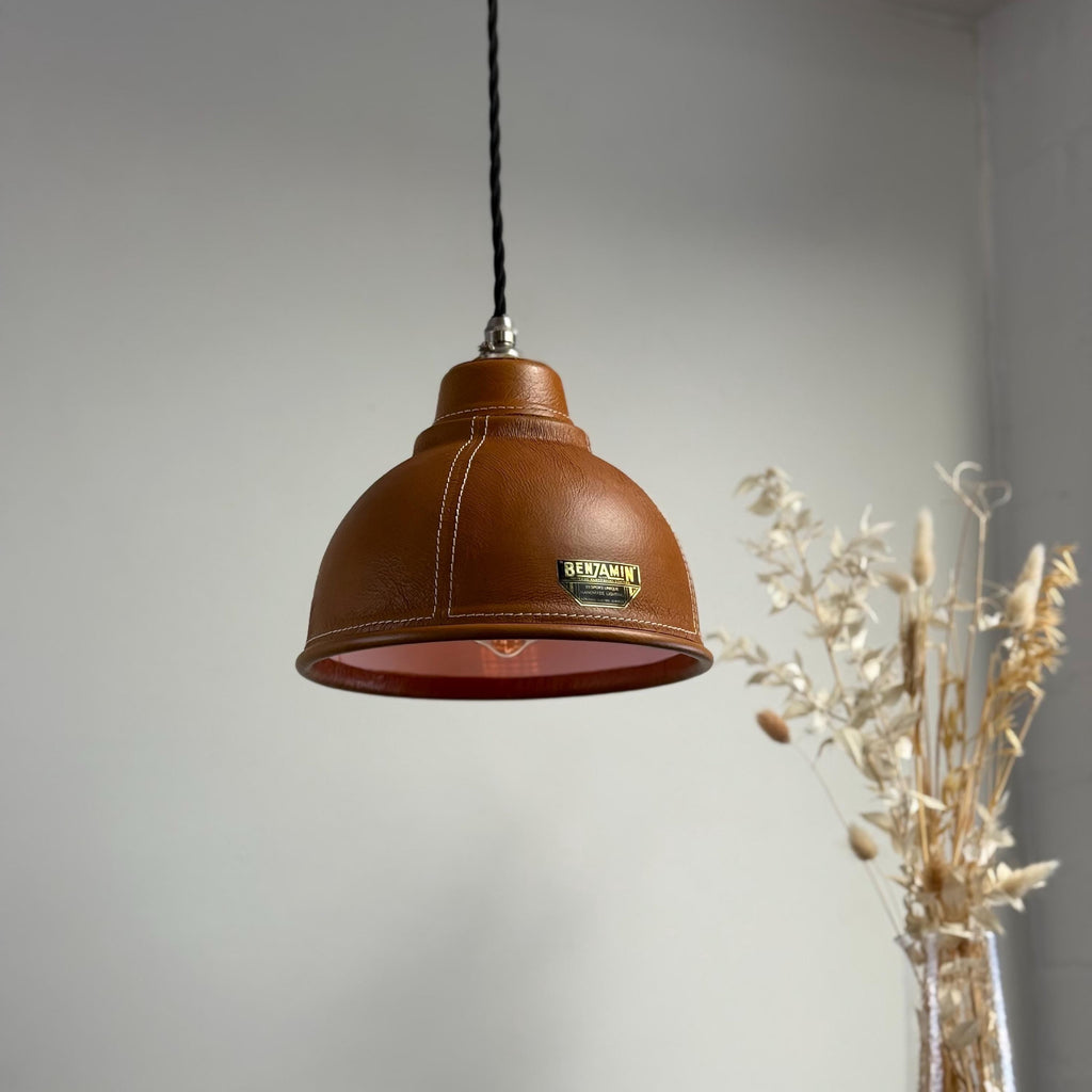 TACK Genuine Tan-Leather, Hand-Stitched Lampshade Pendant Light Filament Bulb Vintage-Electrical
