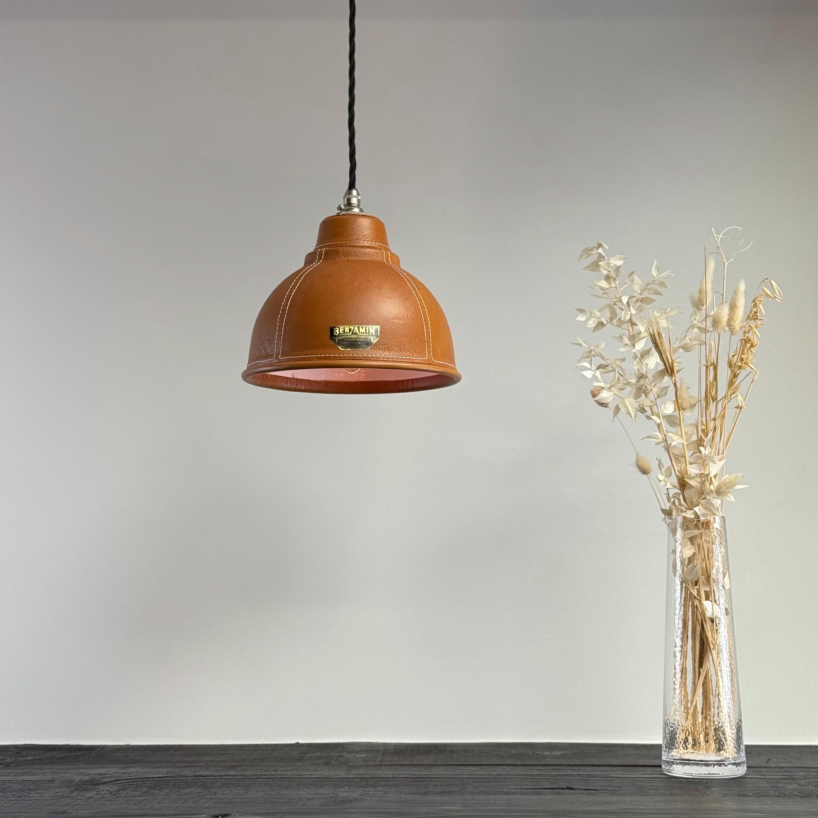 TACK Genuine Tan-Leather, Hand-Stitched Lampshade Pendant Light Vintage-Electrical