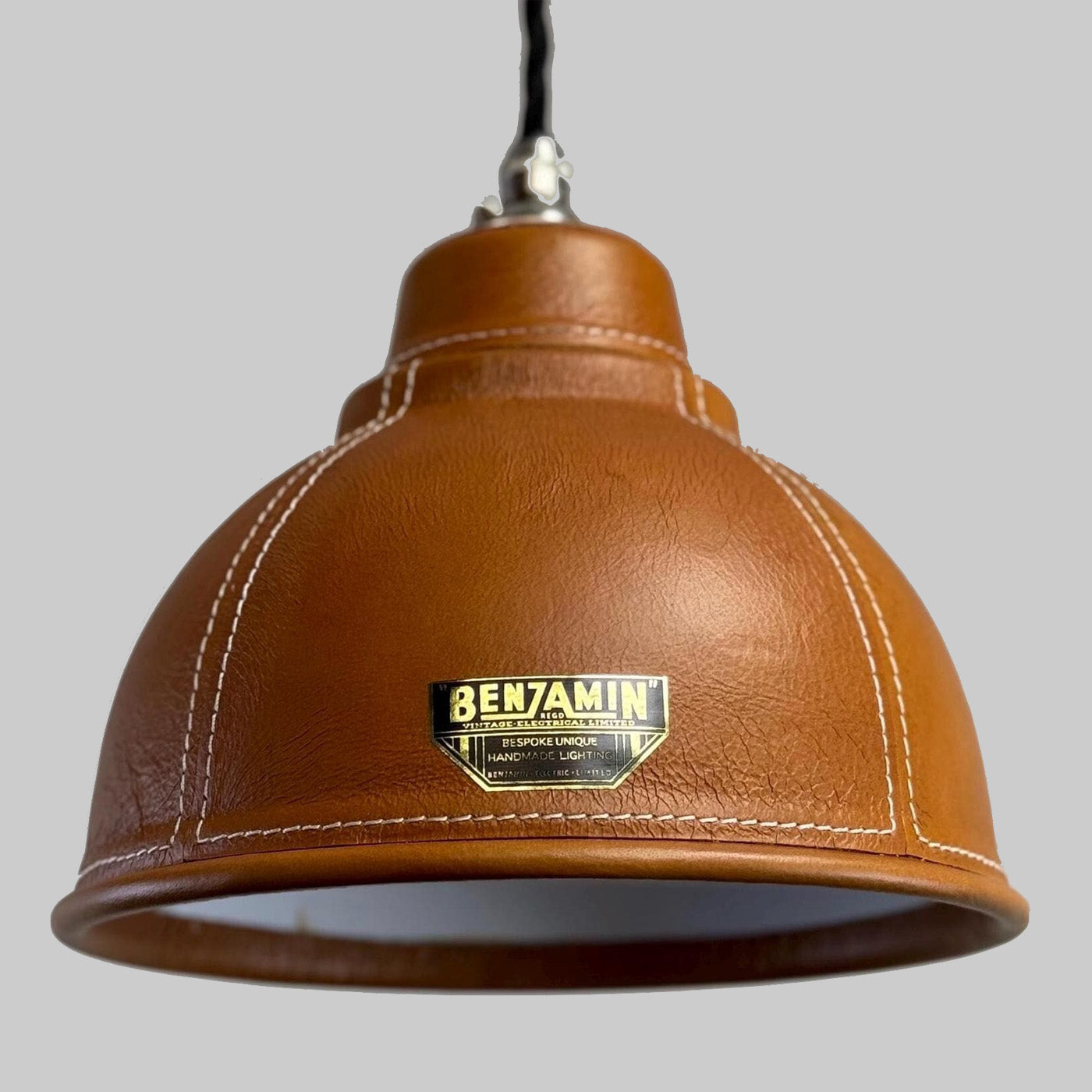 TACK Genuine Tan-Leather, Hand-Stitched Lampshade Pendant Light Vintage-Electrical