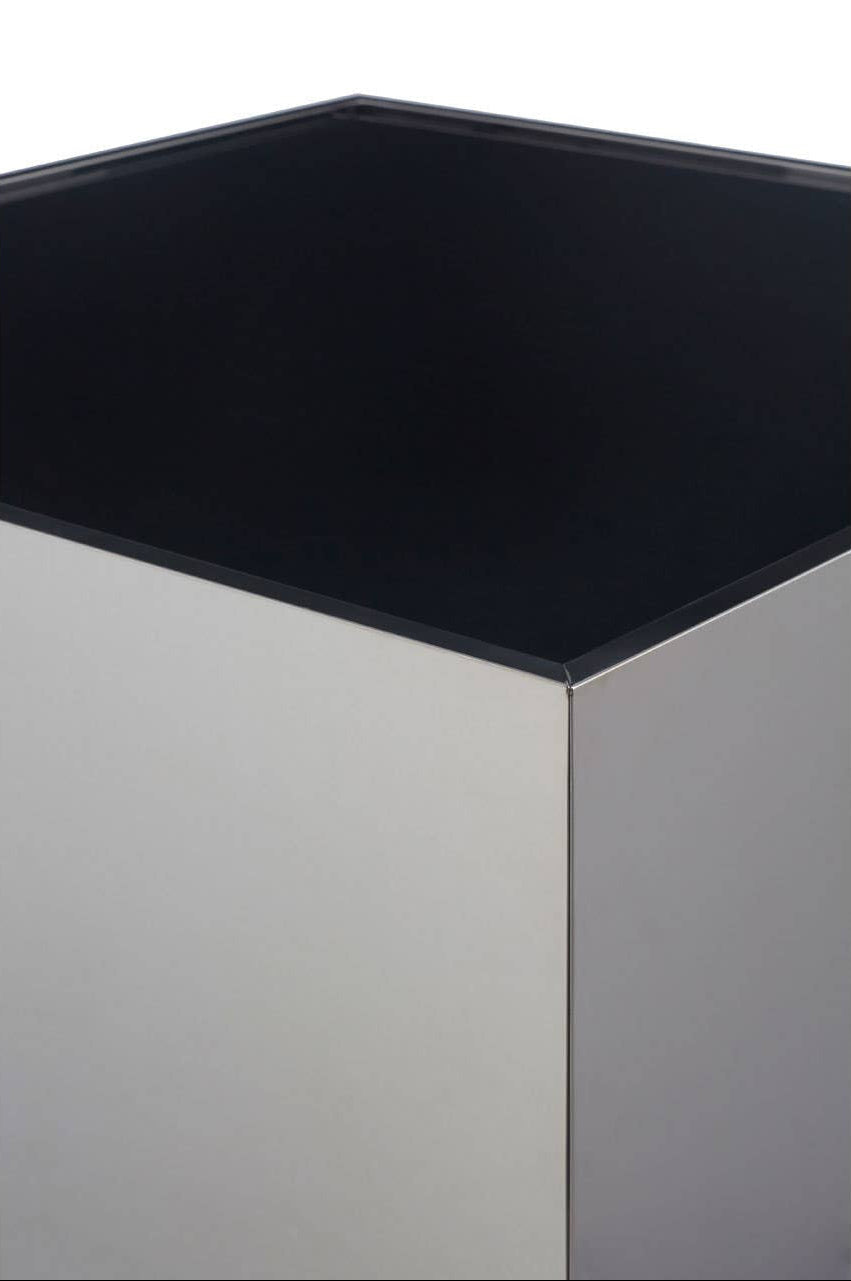 BLOC Minimalist Cube Stainless Steel Side Table with Black Glass Top Orsina