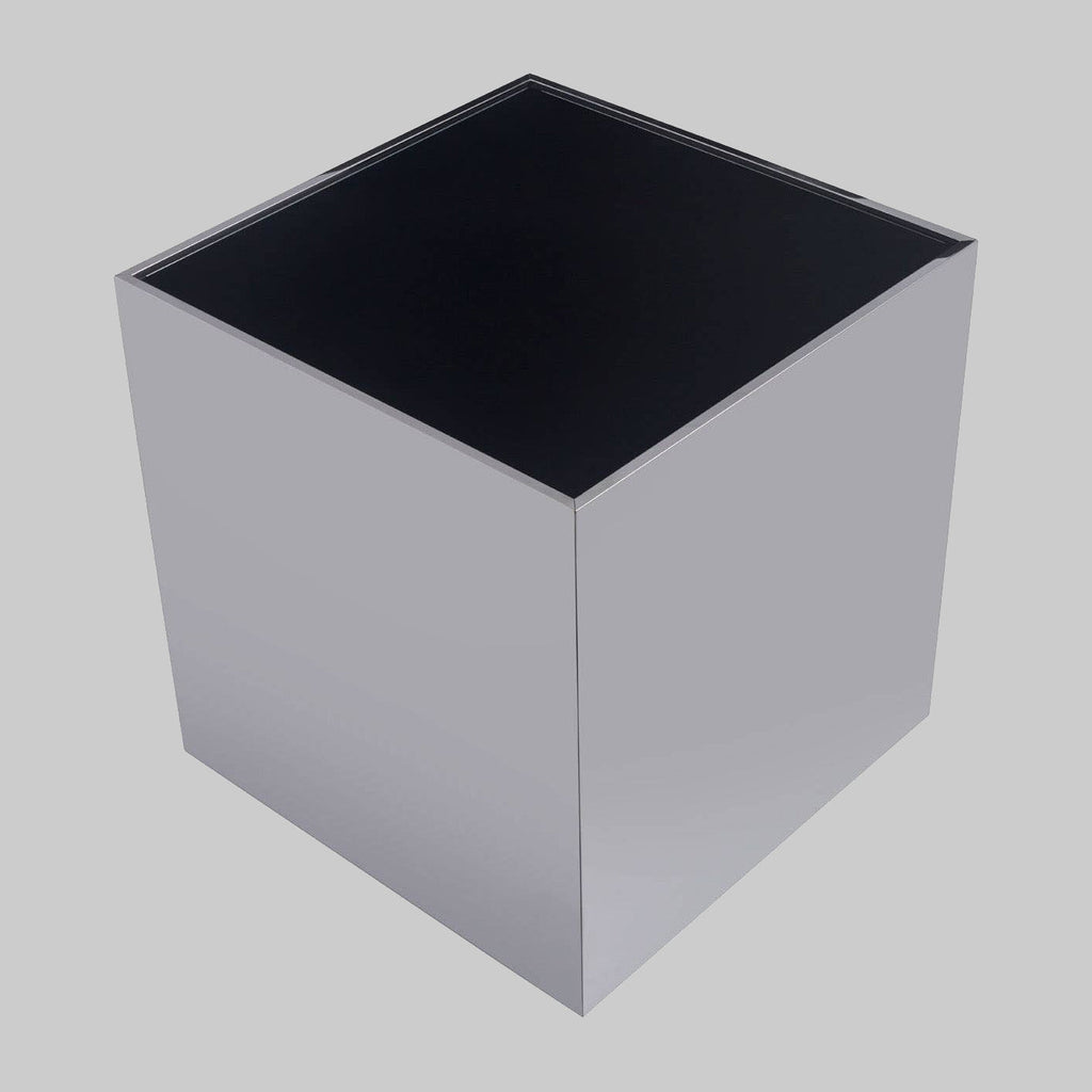 BLOC Minimalist Cube Stainless Steel Side Table with Black Glass Top Orsina