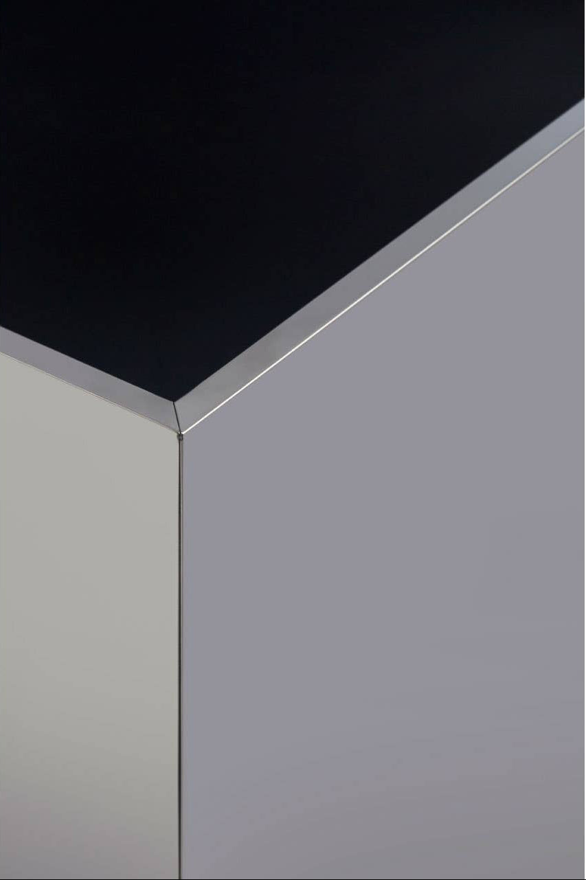 BLOC Minimalist Cube Stainless Steel Side Table with Black Glass Top Orsina