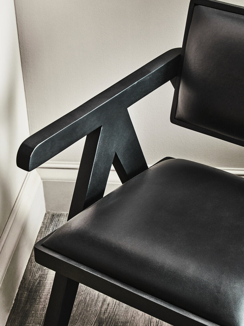 ROAN NOIR Black Wooden Dining Chair with Black Leather Upholstery KEFINO