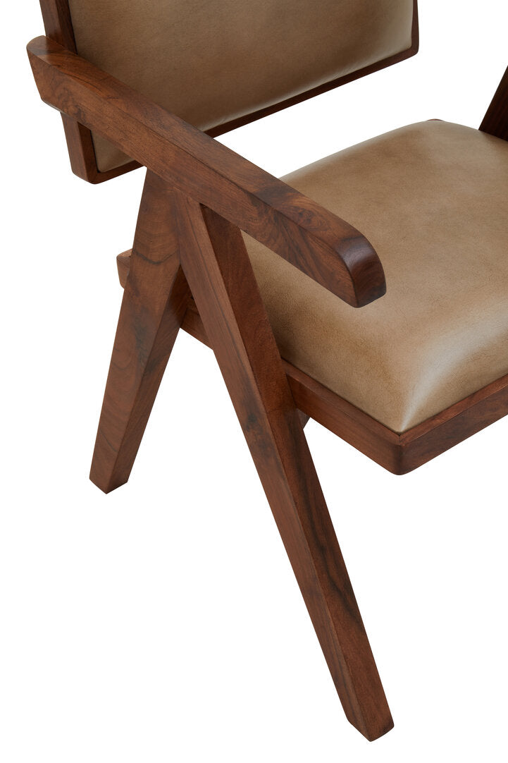 ROAN Natural Wooden Dining Chair with Brown Leather Upholstery KEFINO