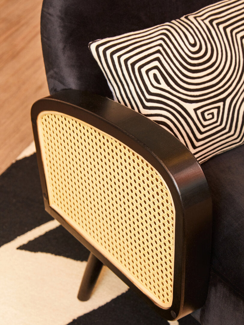 WREN Midcentury Rattan and Black Velvet Armchair KEFINO