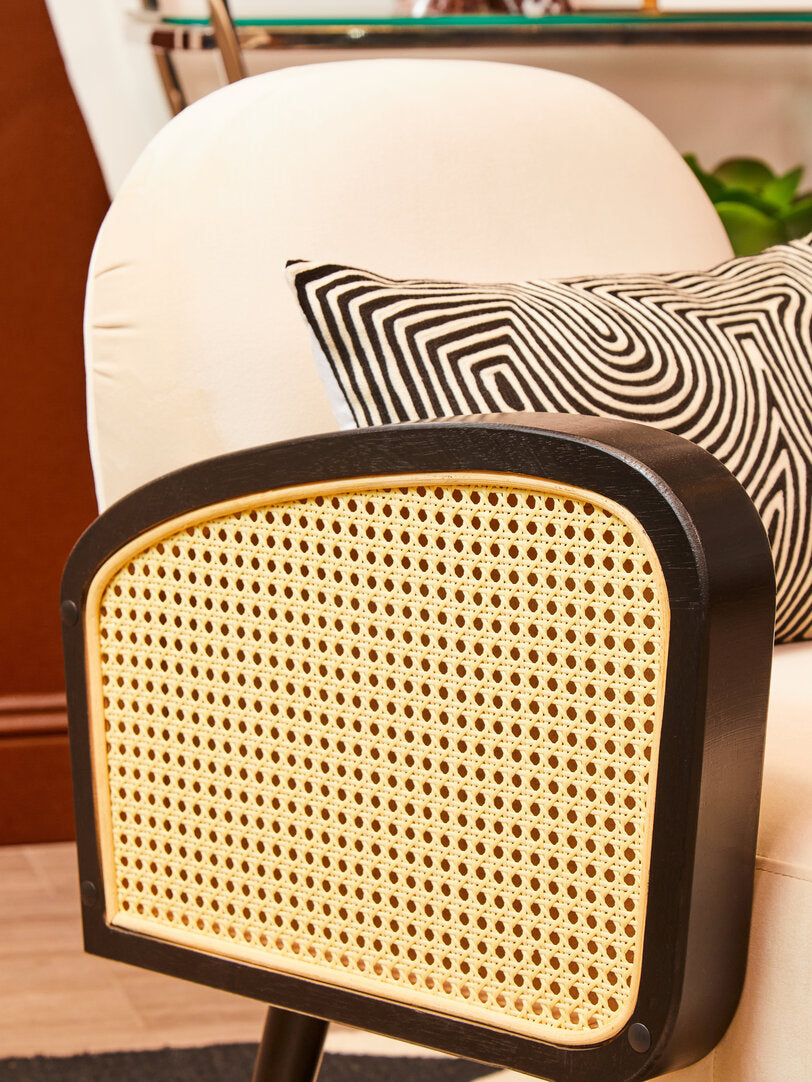 WREN Mid-century Rattan and Cream Velvet Armchair KEFINO