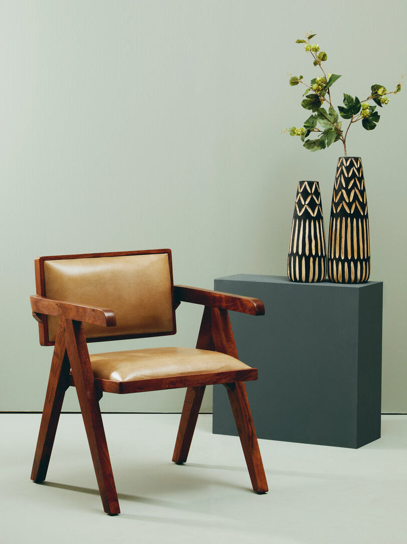 ROAN Natural Wooden Dining Chair with Brown Leather Upholstery KEFINO