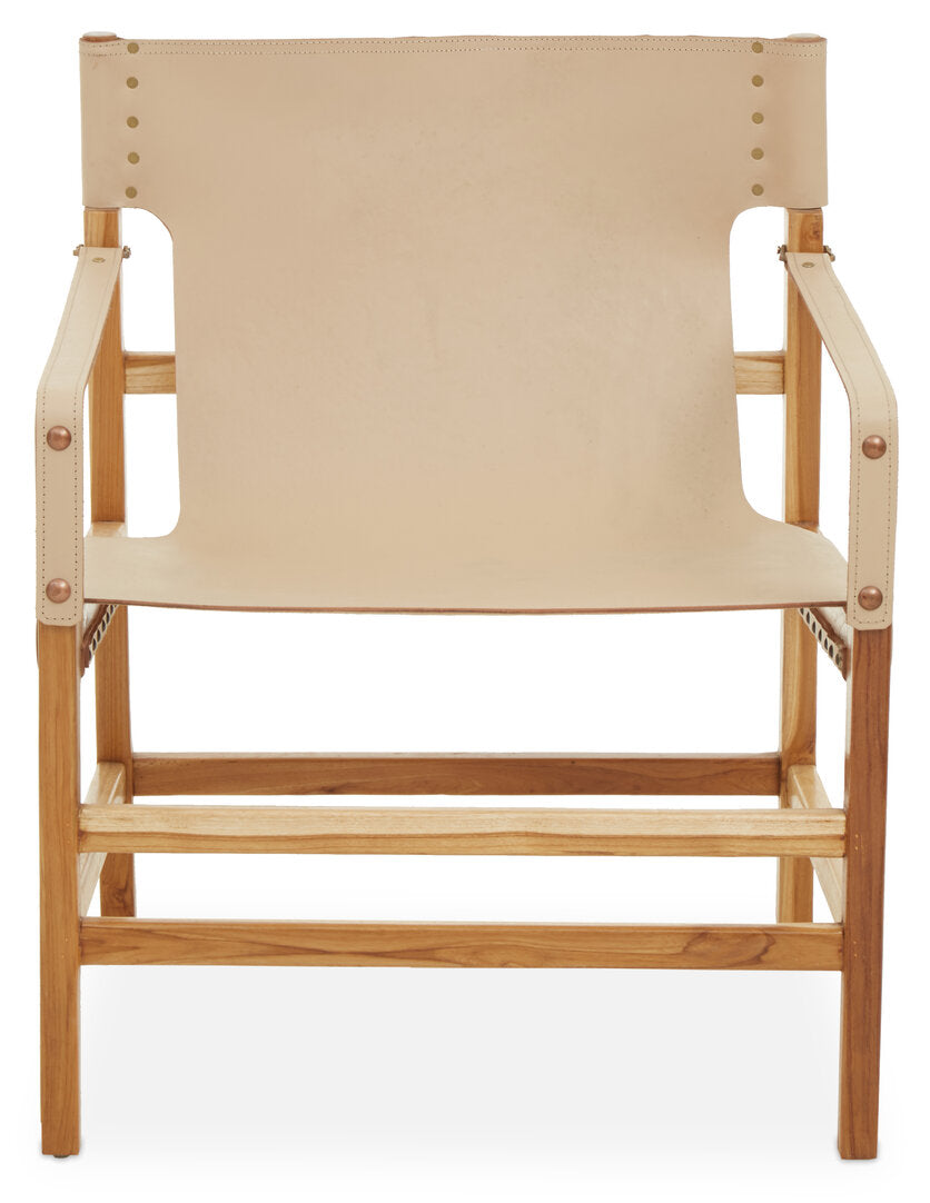 "Cream Leather Teak Wood Chair on white background"