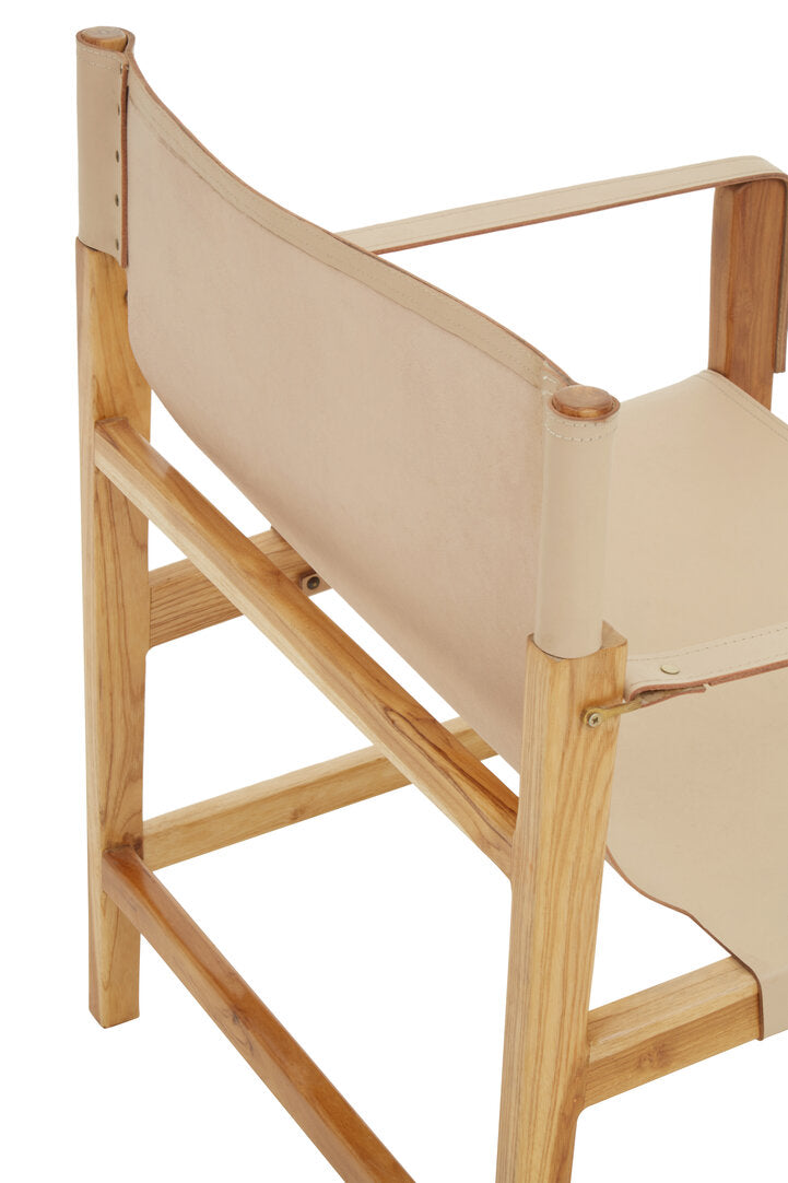 "Cream Leather Teak Wood Chair on white background"