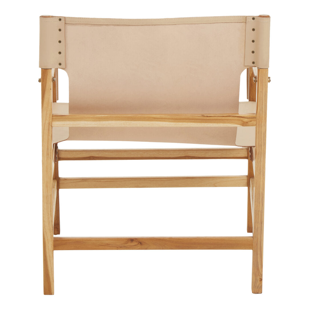 "Cream Leather Teak Wood Chair on white background"