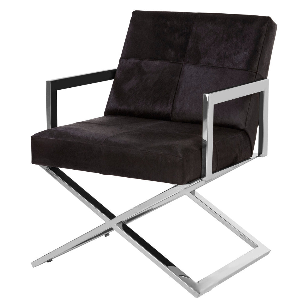 "Chrome Cross Leg Chair with black leather seating on white background"