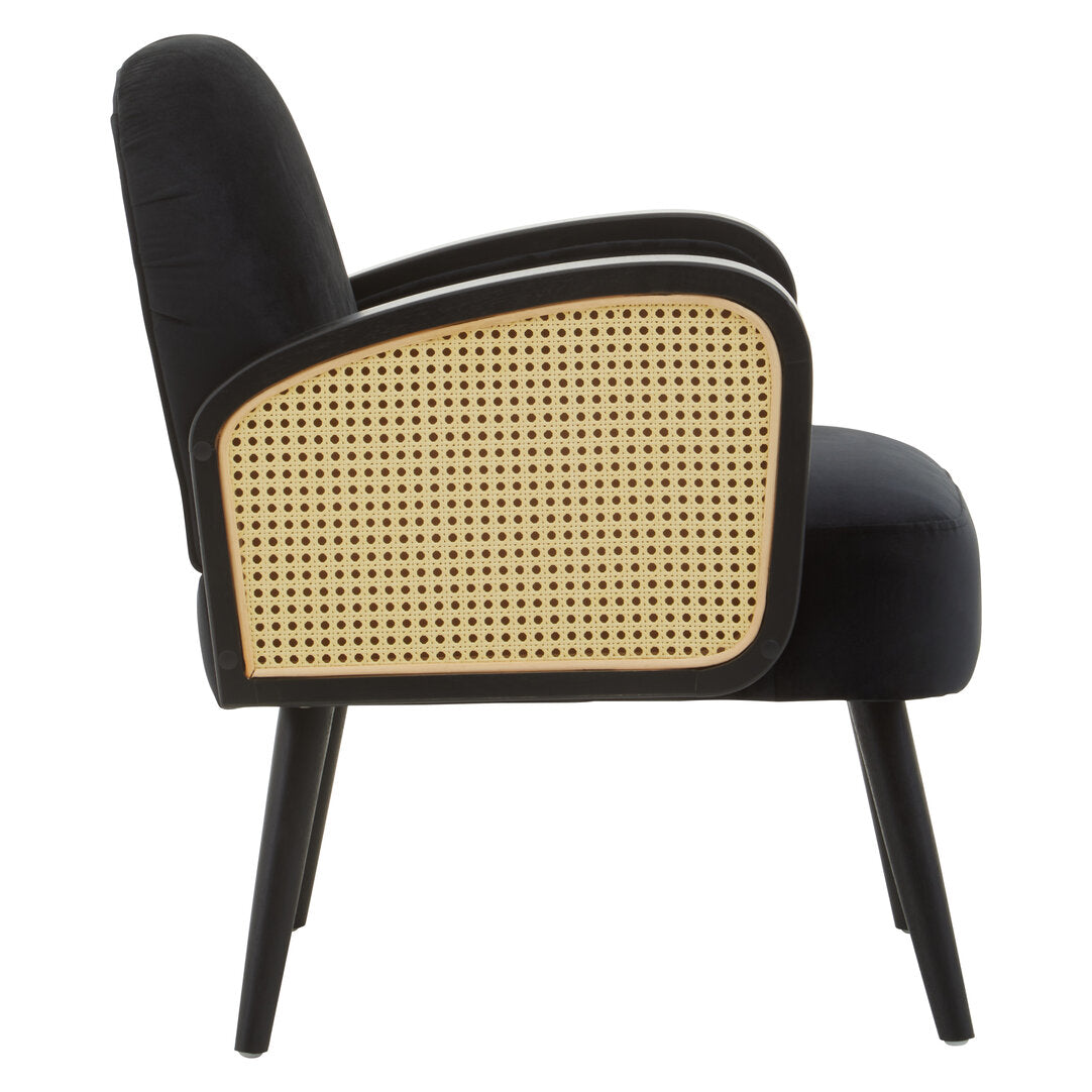 WREN Midcentury Rattan and Black Velvet Armchair KEFINO