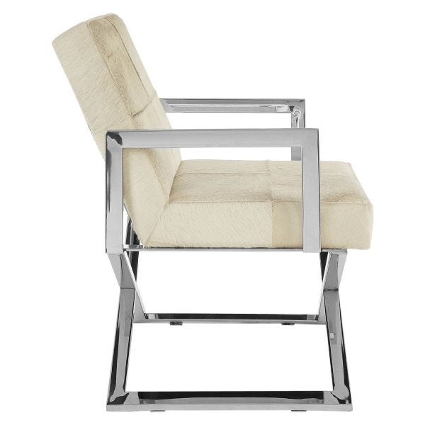 "Chrome Cross Leg Chair with white upholstery on white background"