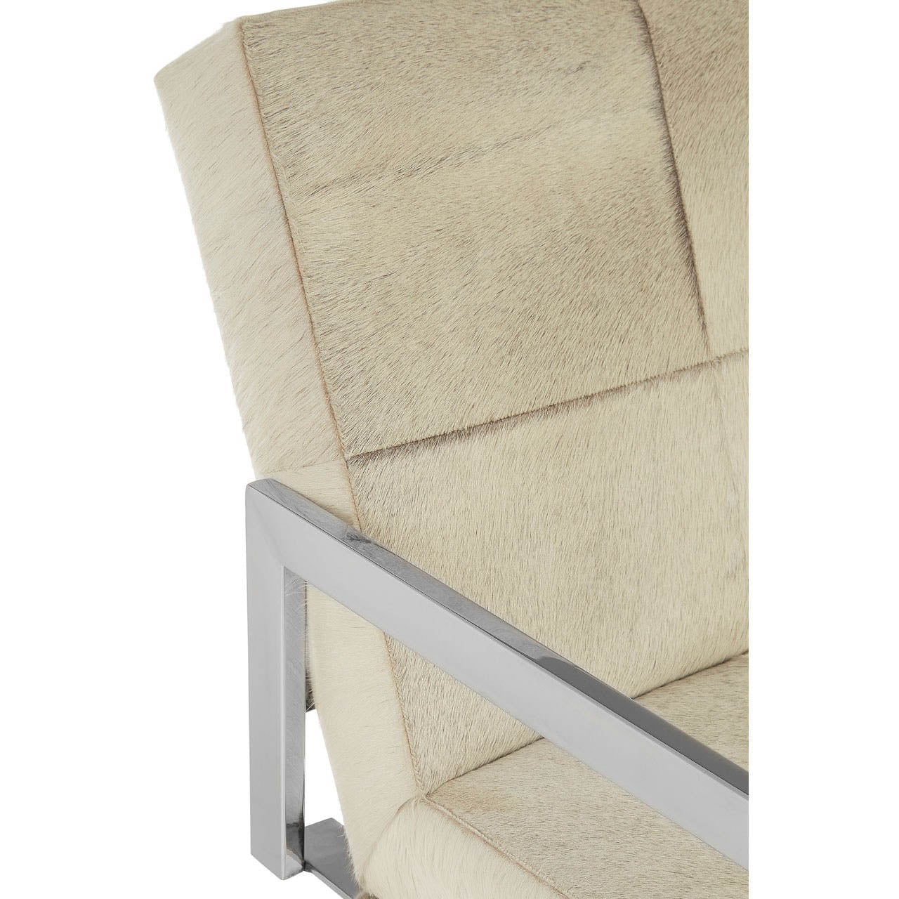 "Detail of Chrome Cross Leg Chair with white upholstery on white background"
