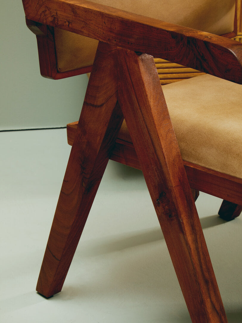 ROAN Natural Wooden Dining Chair with Brown Leather Upholstery KEFINO