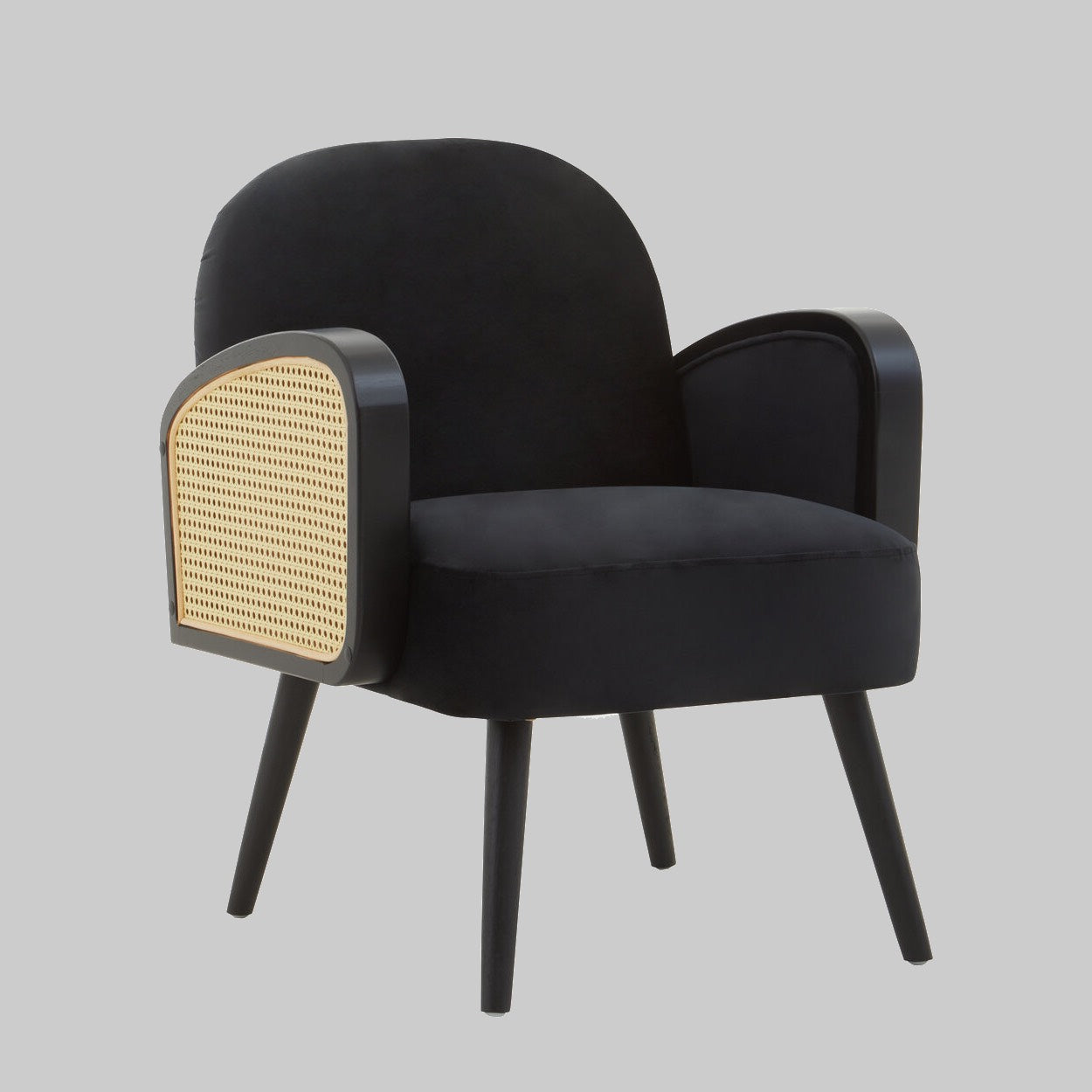 WREN Midcentury Rattan and Black Velvet Armchair KEFINO
