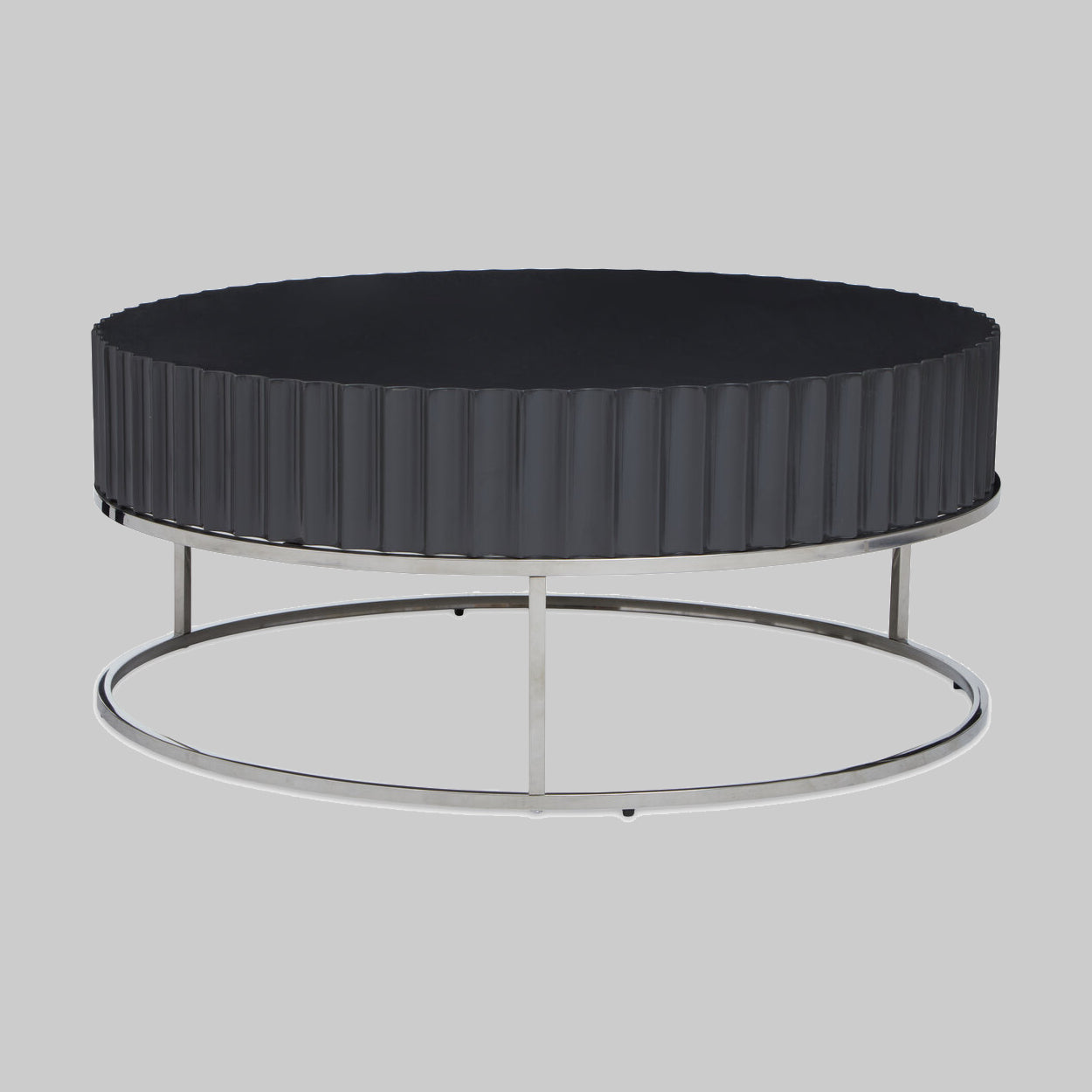 "Round Black coffee table on stainless steel  base on grey background"