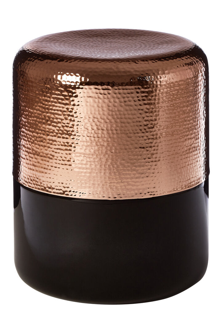 "Black Glass and Copper side table on white background"