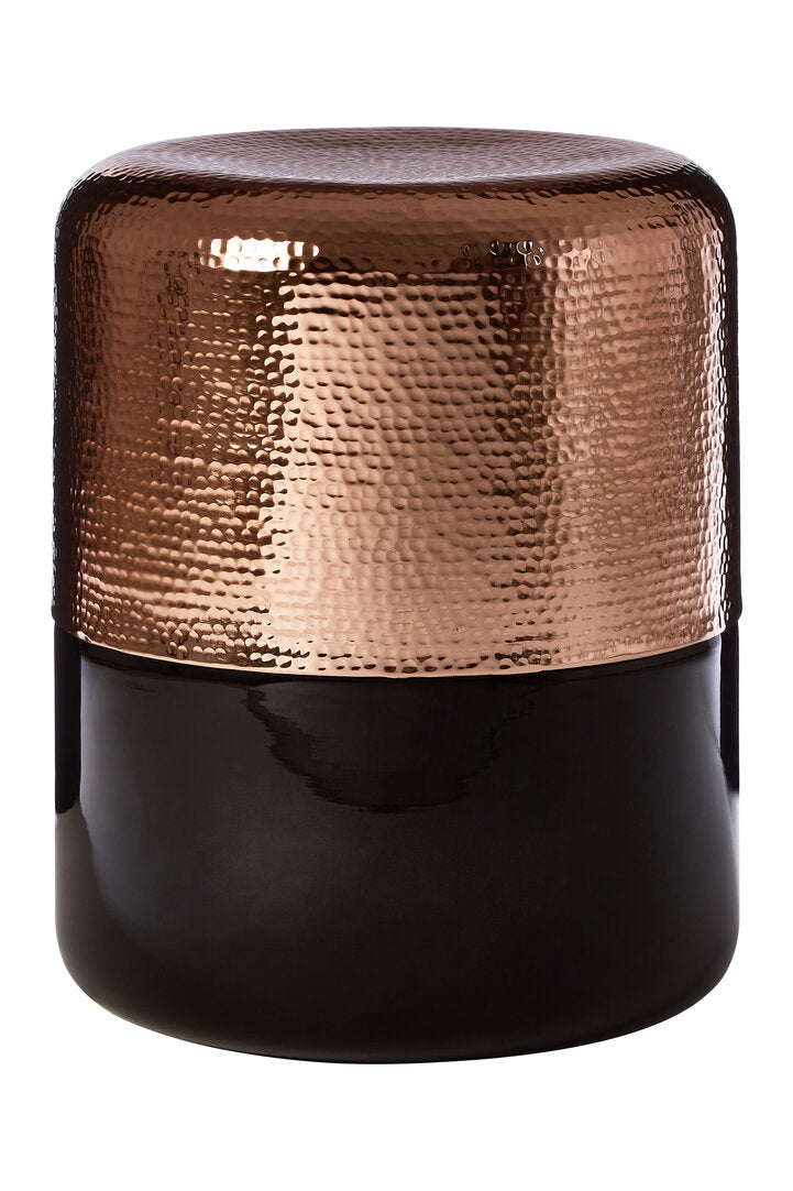 "Decorative stool with bronze top and black base on a white background"