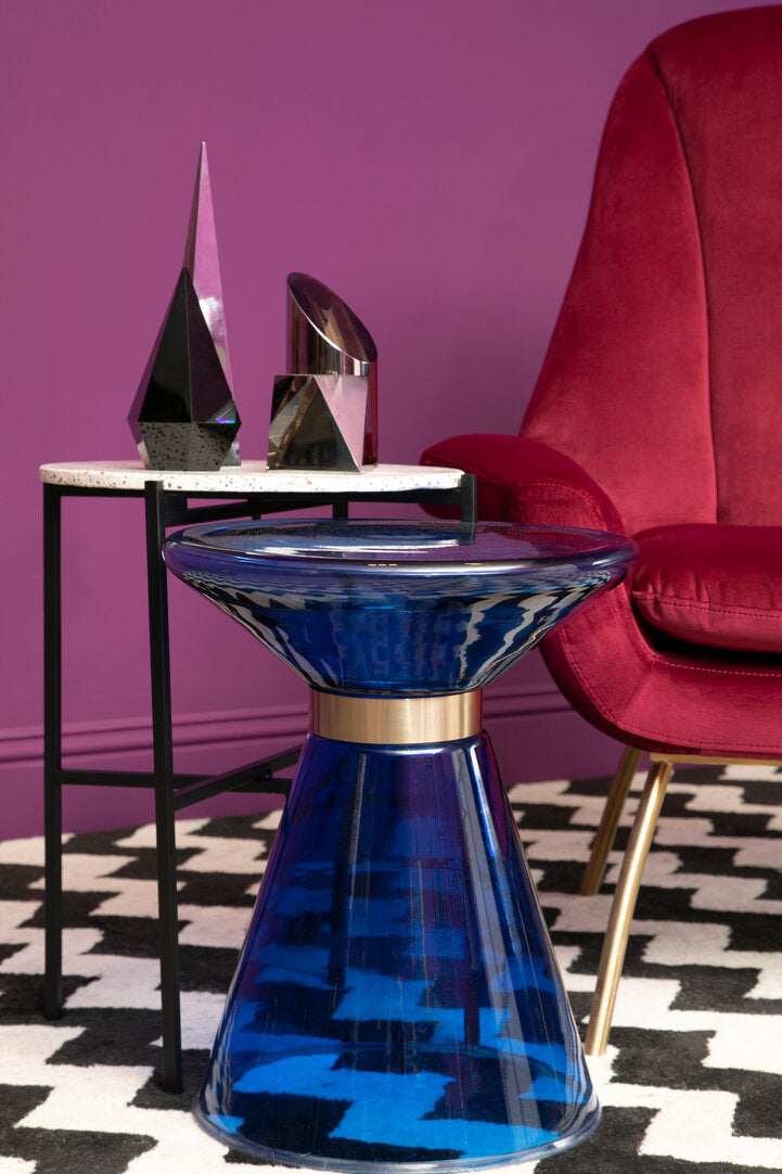 AZURE Blue Martini Glass Side Table with Gold Accent KEFINO