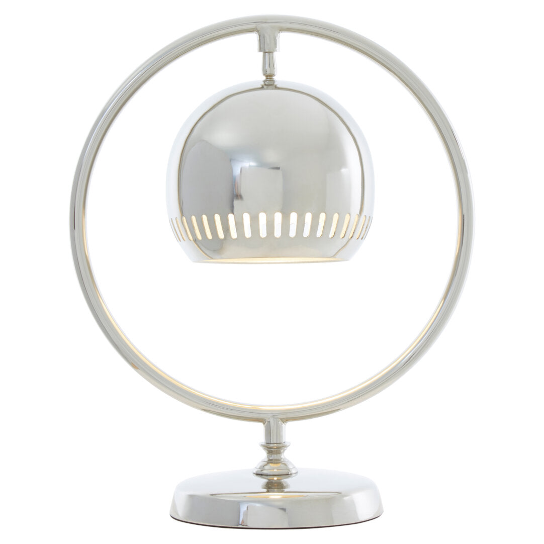 "Modern silver table lamp with a spherical design on a white background"