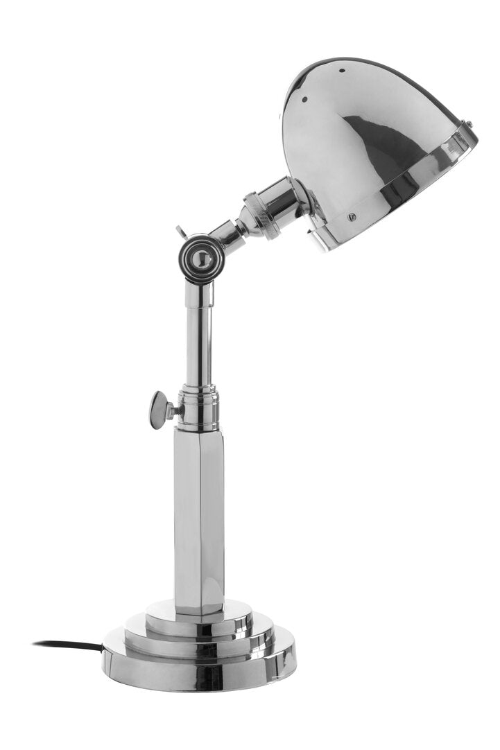 "Chrome desk lamp on a white background"