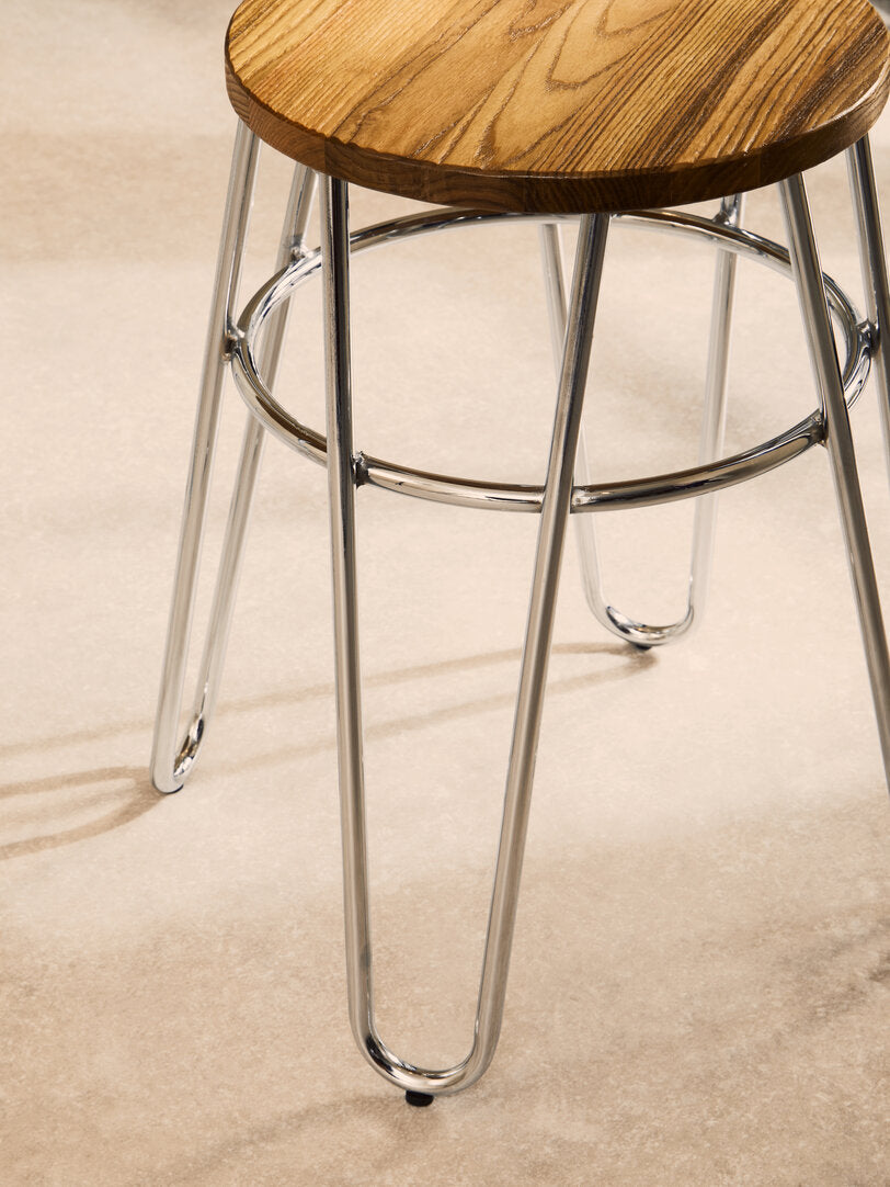 PIN Silver Metal and Elm Wood Hairpin Stool KEFINO