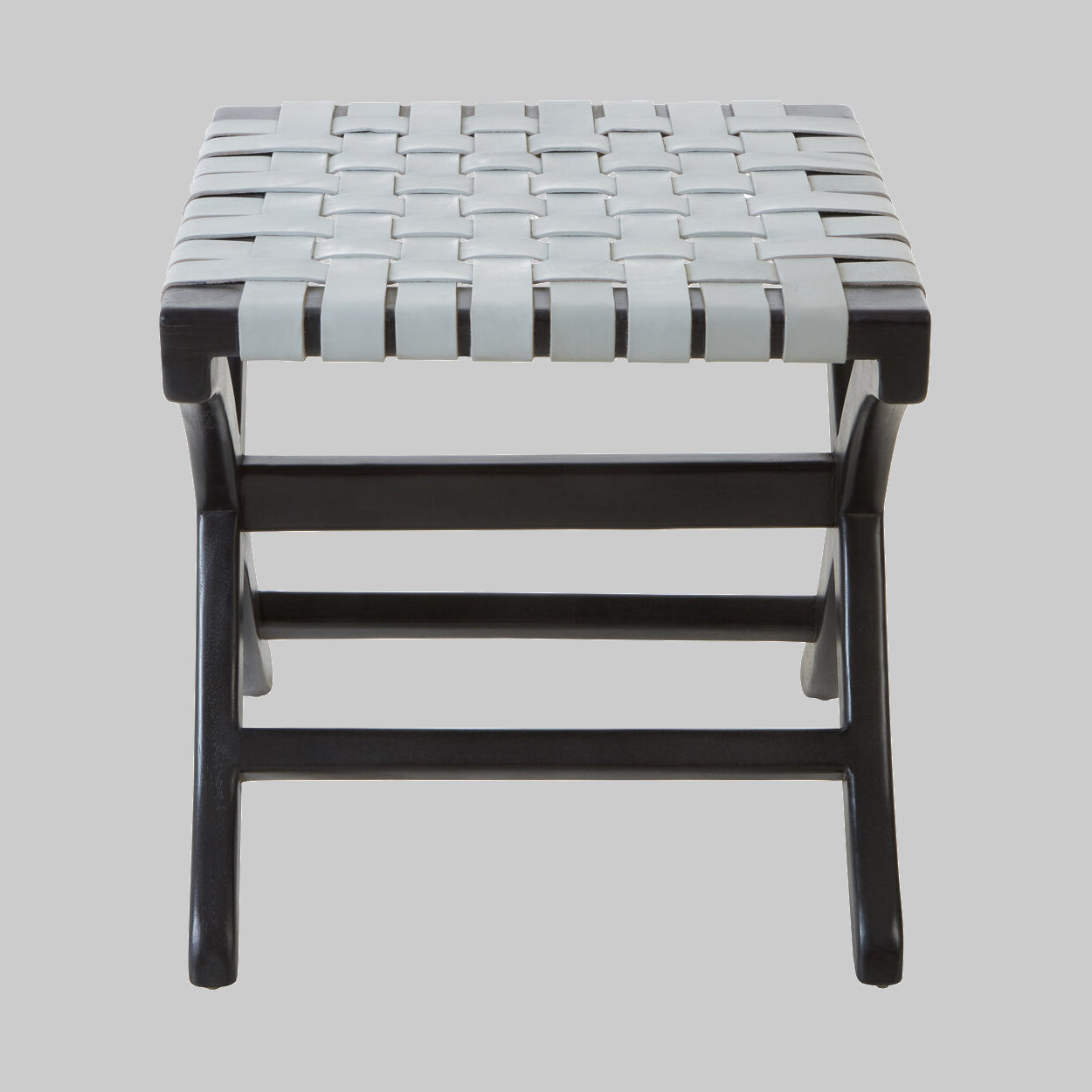 KNIT Black Teak and Woven Grey Leather Stool KEFINO