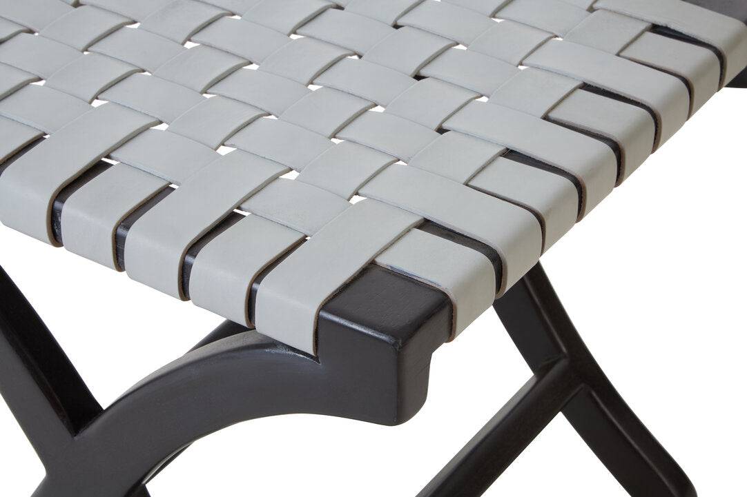 KNIT Black Teak and Woven Grey Leather Stool KEFINO