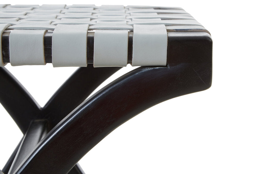 KNIT Black Teak and Woven Grey Leather Stool KEFINO