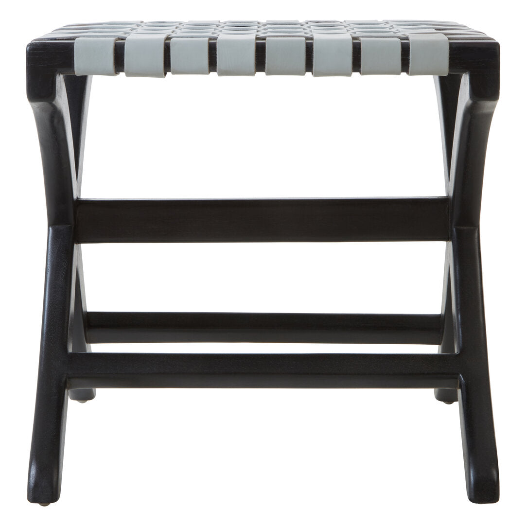 KNIT Black Teak and Woven Grey Leather Stool KEFINO