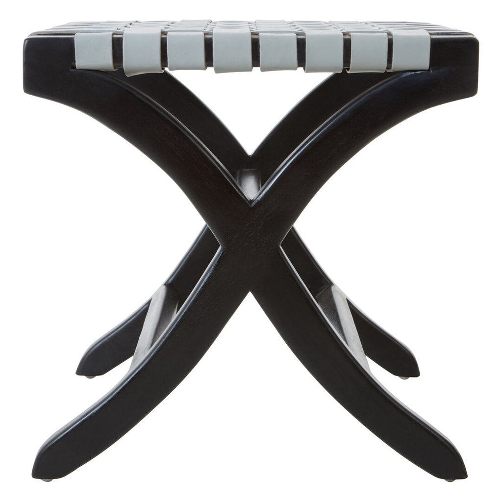 KNIT Black Teak and Woven Grey Leather Stool KEFINO