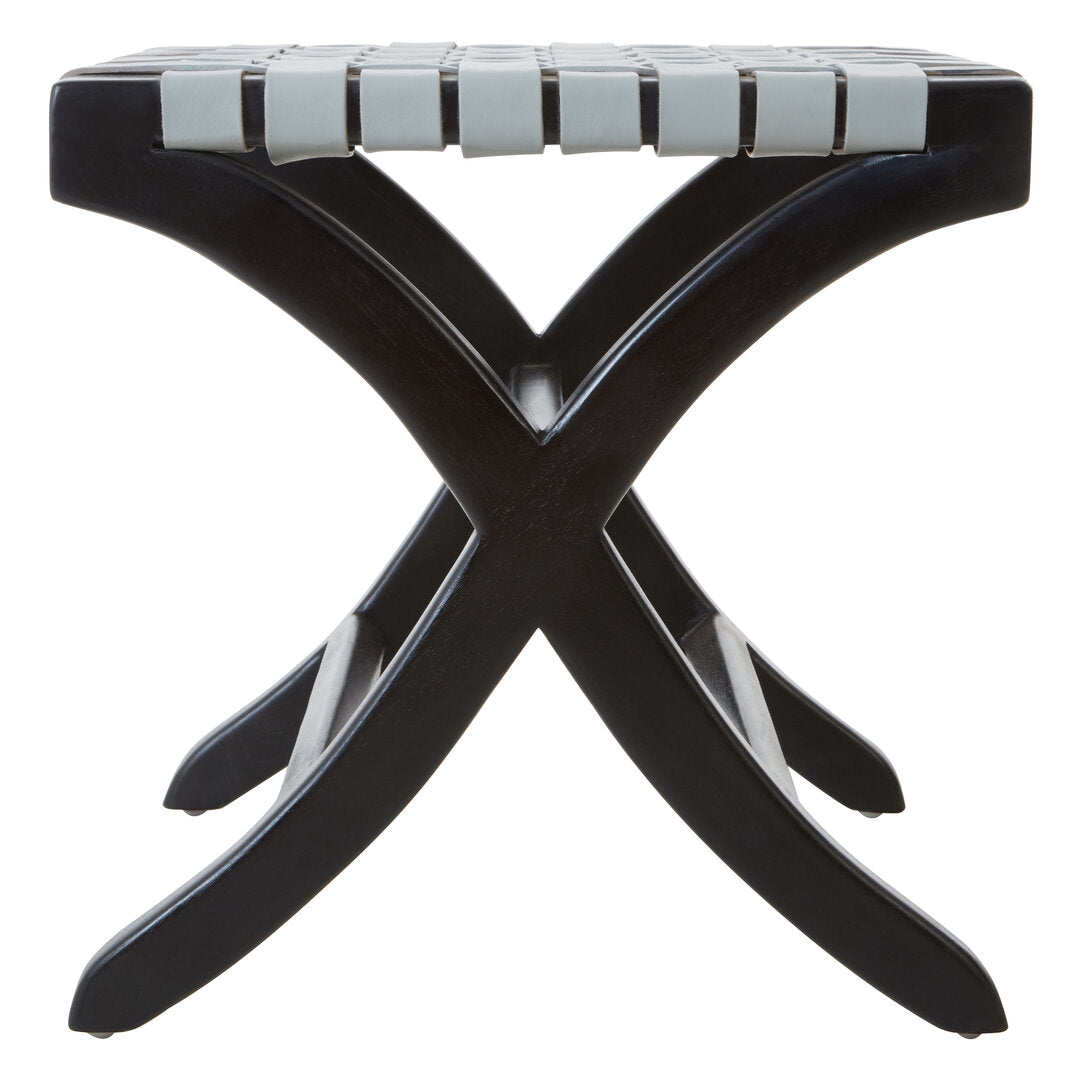 KNIT Black Teak and Woven Grey Leather Stool KEFINO