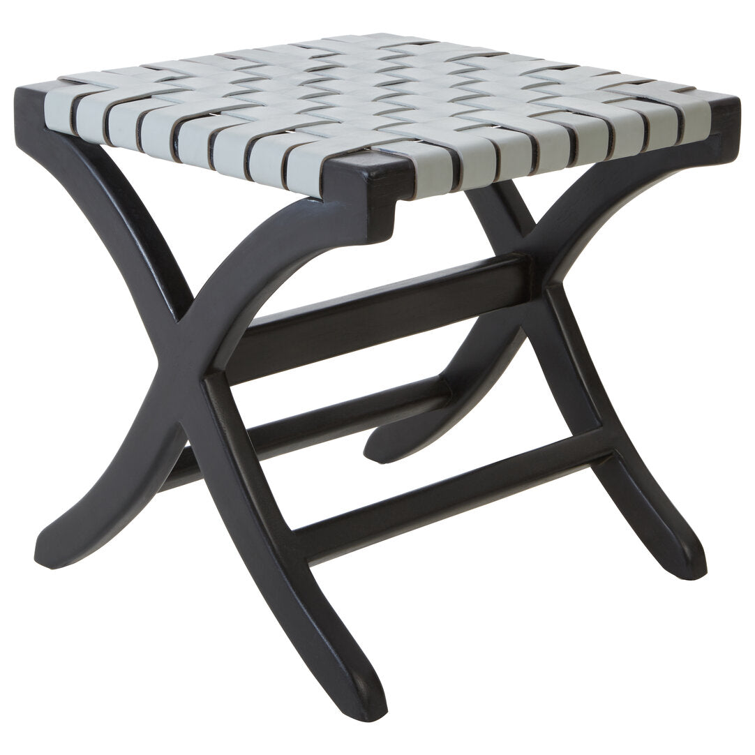 KNIT Black Teak and Woven Grey Leather Stool KEFINO
