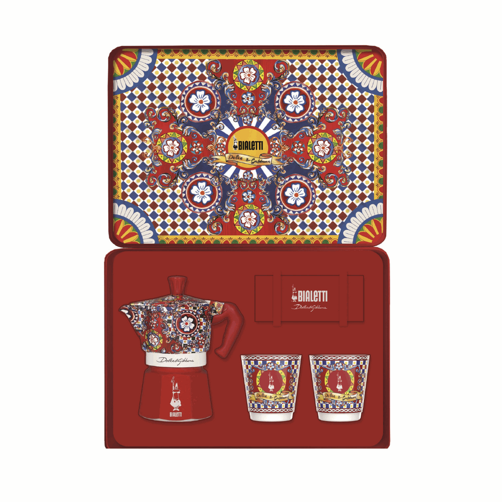 Bialetti X Dolce&Gabbana Sicilian Cart Gift Set (Moka 2 Cup, 2 Cups & Gold Stirrers) Brew Italia