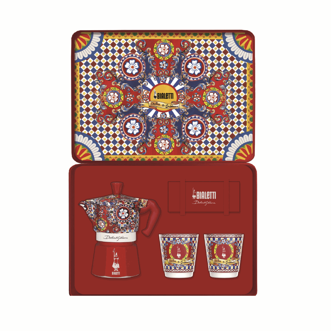 Bialetti X Dolce&Gabbana Sicilian Cart Gift Set (Moka 2 Cup, 2 Cups & Gold Stirrers) Brew Italia