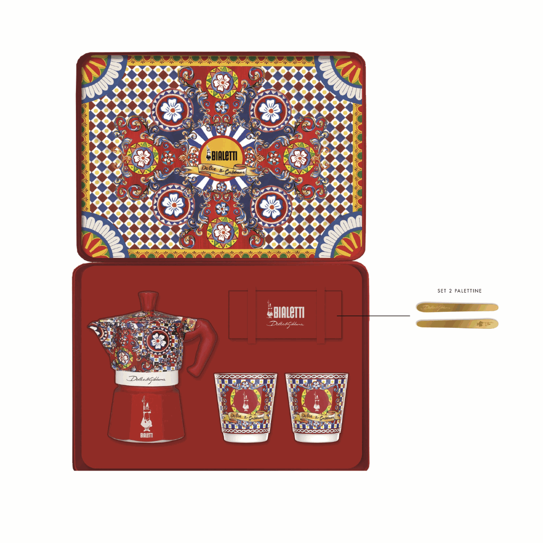 Bialetti X Dolce&Gabbana Sicilian Cart Gift Set (Moka 2 Cup, 2 Cups & Gold Stirrers) Brew Italia