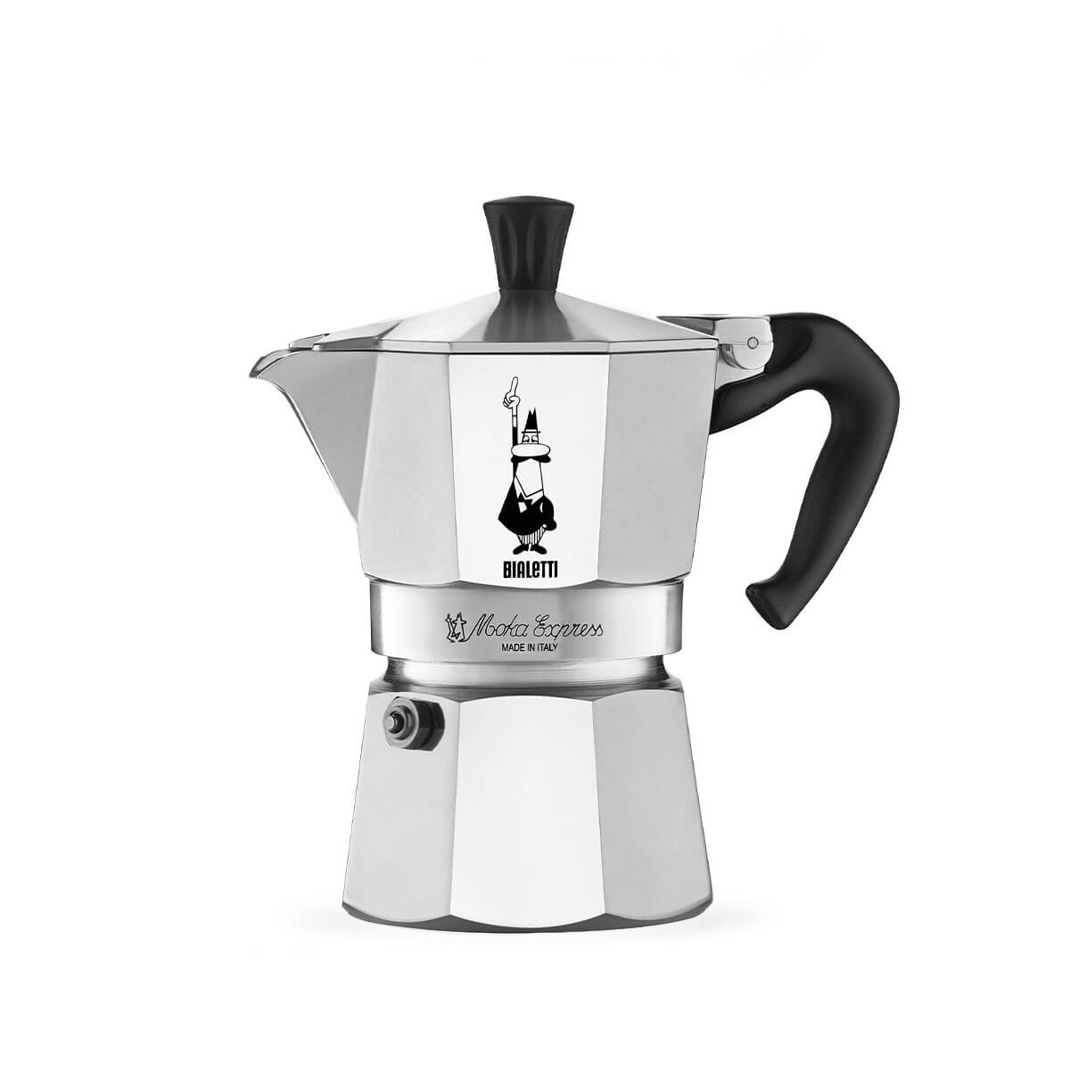 "Stainless steel espresso maker with black handle on a white background"