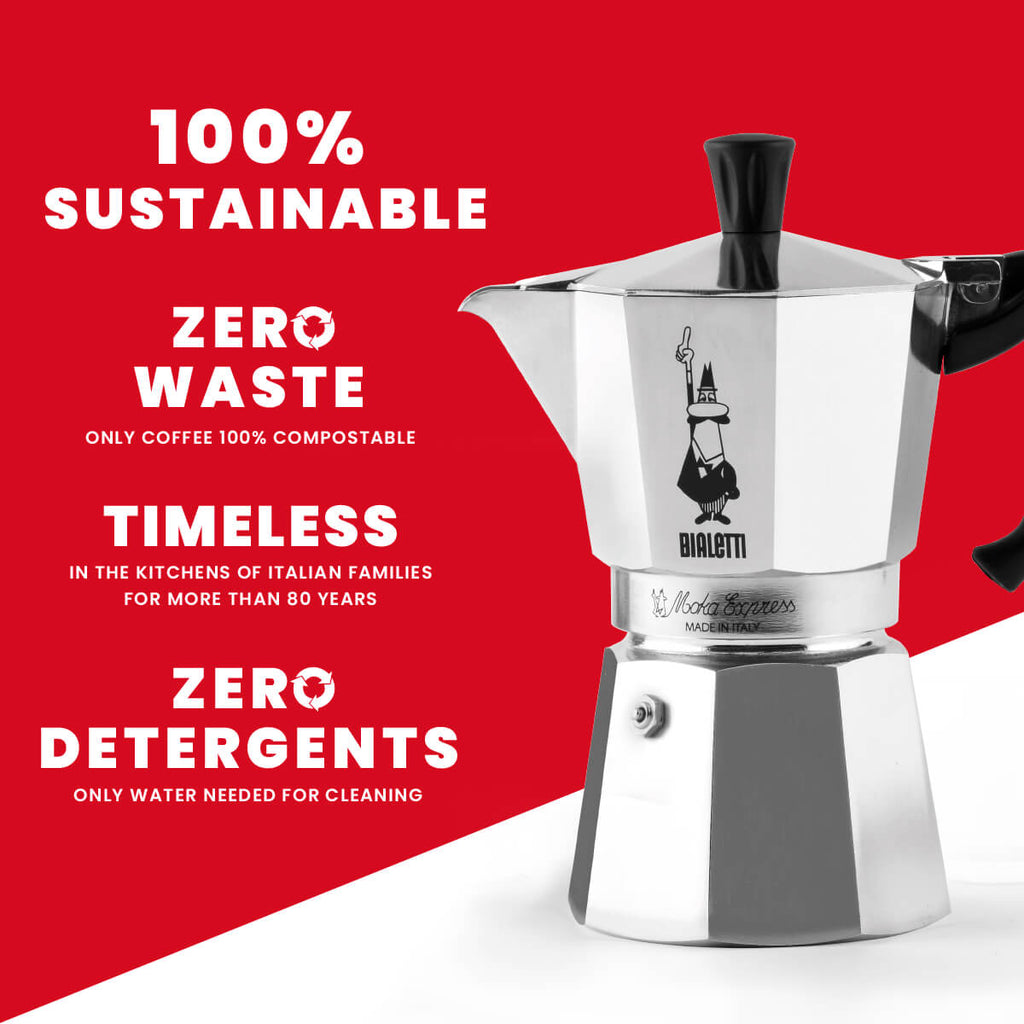 "Silver Bialetti coffee maker on a red background with sustainability text"