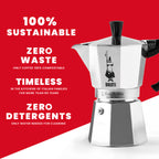 "Silver Bialetti coffee maker on a red background with sustainability text"