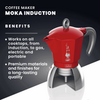 Bialetti Moka Induction Stovetop Coffee Maker | 4 or 6 cup | Red or Black Brew Italia