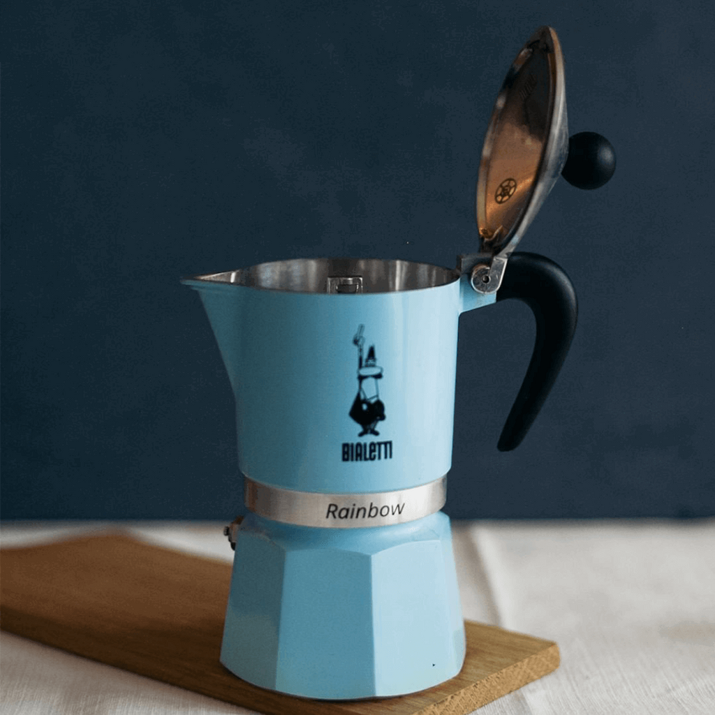 Bialetti Rainbow Aluminium Stovetop Coffee Maker | 3 or 6 cup | Red or Light Blue Brew Italia