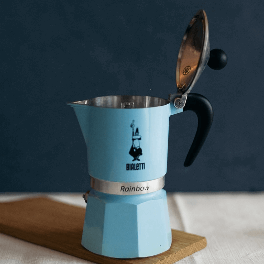Bialetti Rainbow Aluminium Stovetop Coffee Maker | 3 or 6 cup | Red or Light Blue Brew Italia