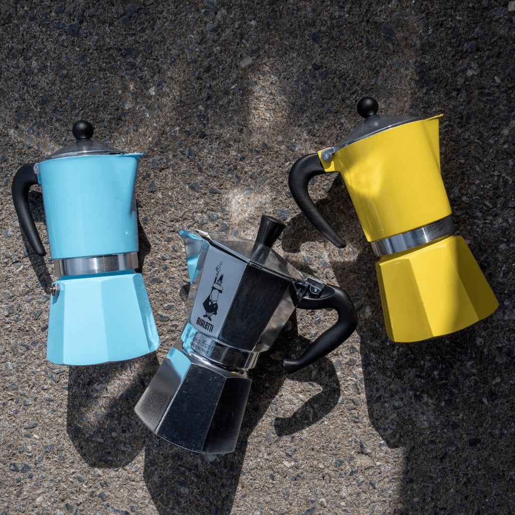 Bialetti Rainbow Aluminium Stovetop Coffee Maker | 3 or 6 cup | Red or Light Blue Brew Italia