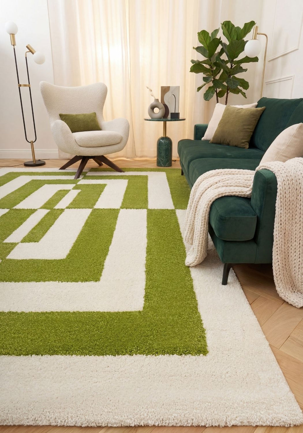 Joli Geometric Green & White Rug | Rectangular | 80x150cm − 200x290cm The Rugs